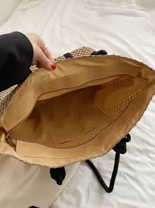 流行的色塊草編手提袋，配有優雅的肩帶，適用於夏季必備品，海灘必備的女包、度假必備品、學校書包、大容量、便攜式，適合青少年女孩、女大學生、白領工人，完美適用於工作、返校、中學、高中、大學、度假、海灘 - 卡其色 - 查看 3