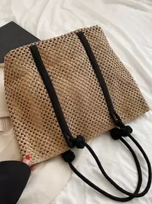 流行的色塊草編手提袋，配有優雅的肩帶，適用於夏季必備品，海灘必備的女包、度假必備品、學校書包、大容量、便攜式，適合青少年女孩、女大學生、白領工人，完美適用於工作、返校、中學、高中、大學、度假、海灘 - 卡其色 - 查看 4