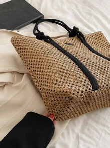 流行的色塊草編手提袋，配有優雅的肩帶，適用於夏季必備品，海灘必備的女包、度假必備品、學校書包、大容量、便攜式，適合青少年女孩、女大學生、白領工人，完美適用於工作、返校、中學、高中、大學、度假、海灘 - 卡其色 - 查看 5