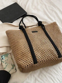 流行的色塊草編手提袋，配有優雅的肩帶，適用於夏季必備品，海灘必備的女包、度假必備品、學校書包、大容量、便攜式，適合青少年女孩、女大學生、白領工人，完美適用於工作、返校、中學、高中、大學、度假、海灘 - 卡其色 - 查看 6