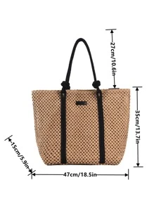 流行的色塊草編手提袋，配有優雅的肩帶，適用於夏季必備品，海灘必備的女包、度假必備品、學校書包、大容量、便攜式，適合青少年女孩、女大學生、白領工人，完美適用於工作、返校、中學、高中、大學、度假、海灘 - 卡其色 - 查看 8