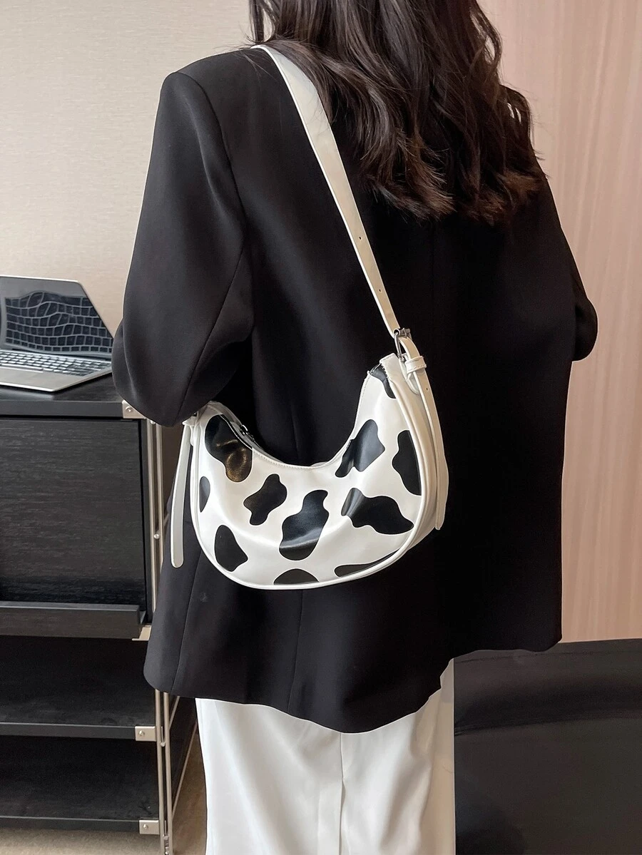 KVKY Cow Print Hobo Bag Medium Preppy For School - Black and White - View 1