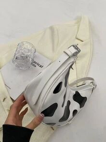 KVKY Cow Print Hobo Bag Medium Preppy For School - Black and White - View 7