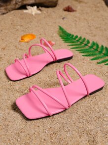 女士極簡人造皮革時尚平底涼鞋 - 粉色 - 查看 2