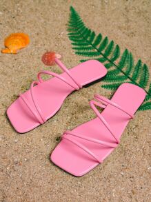 女士極簡人造皮革時尚平底涼鞋 - 粉色 - 查看 5