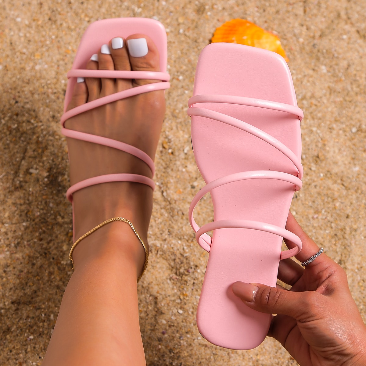 Sandalias minimalistas para mujer, sandalias planas de cuero artificial de moda, sandalias de playa, atuendos de primavera y verano