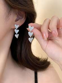 1pair Glamorous Rhinestone Decor Heart Drop Earrings For Women For Daily Decoration - Silver - View 2