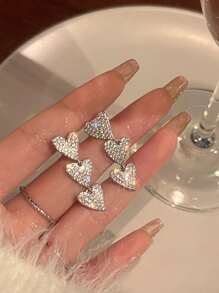 1pair Glamorous Rhinestone Decor Heart Drop Earrings For Women For Daily Decoration - Silver - View 3