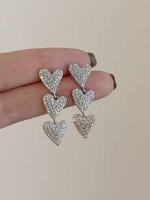 1pair Glamorous Rhinestone Decor Heart Drop Earrings For Women For Daily Decoration - Silver - View 4