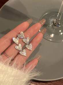1pair Glamorous Rhinestone Decor Heart Drop Earrings For Women For Daily Decoration - Silver - View 6