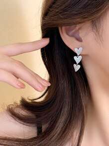 1pair Glamorous Rhinestone Decor Heart Drop Earrings For Women For Daily Decoration - Silver - View 8