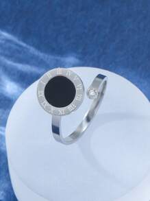 1pc Stainless Steel Roman Numeral Couple Ring - Silver - View 3