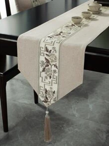1 Pieza Camino de mesa, de tela de poliéster impermeable, cinta jacquard, flecos con borlas para decoración, adecuado para hogar, fiesta, hotel, restaurante, decoración de mesa de comedor, disponible en múltiples tamaños - Beis - Ver 1