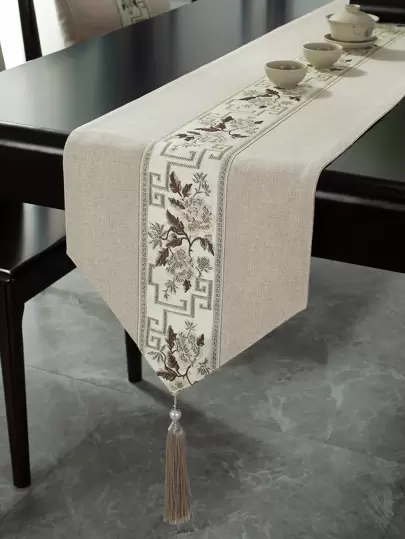 1 Pieza Camino de mesa, de tela de poliéster impermeable, cinta jacquard, flecos con borlas para decoración, adecuado para hogar, fiesta, hotel, restaurante, decoración de mesa de comedor, disponible en múltiples tamaños