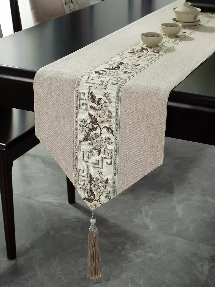 1 Pieza Camino de mesa, de tela de poliéster impermeable, cinta jacquard, flecos con borlas para decoración, adecuado para hogar, fiesta, hotel, restaurante, decoración de mesa de comedor, disponible en múltiples tamaños - Beis - Ver 1