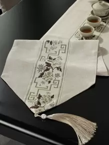 1 Pieza Camino de mesa, de tela de poliéster impermeable, cinta jacquard, flecos con borlas para decoración, adecuado para hogar, fiesta, hotel, restaurante, decoración de mesa de comedor, disponible en múltiples tamaños - Beis - Ver 4