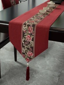 1 件桌旗，防水涤纶面料，提花带，流苏装饰，适合家庭、派对、酒店、餐厅、餐桌装饰，多种尺寸可供选择 - 酒紅色 - 查看 1