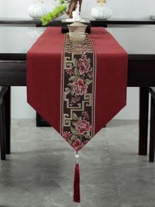 1 件桌旗，防水涤纶面料，提花带，流苏装饰，适合家庭、派对、酒店、餐厅、餐桌装饰，多种尺寸可供选择 - 酒紅色 - 查看 5