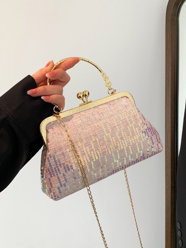 Quadratische Tasche mit Pailletten, Klein Kussschloss, Für Party