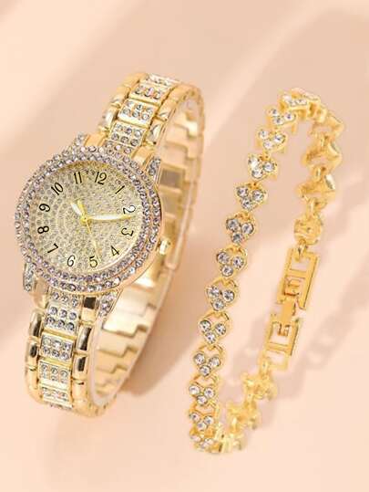 2pcs/Set Women's Fashion Casual Roman Numeral Fully Rhinestone Dial Wrist Watch, Paired With Jewelry Accessory Set And Stylish Crystal Bracelet, Suitable For Wedding Ceremony, Business Gifts, Annual Meeting, Employee Gifts, High-End Business Women, Daily Outfit, Birthday Gifts, Holiday Party Gifts, Party, Beach Vacation, Valentine's Day Gifts, Perfect Gift For Women, Family, Friends, Lover, Mother, Students, Teenagers, Girls