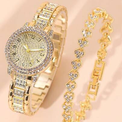 2pcs/Set Women's Fashion Casual Roman Numeral Fully Rhinestone Dial Wrist Watch, Paired With Jewelry Accessory Set And Stylish Crystal Bracelet, Suitable For Wedding Ceremony, Business Gifts, Annual Meeting, Employee Gifts, High-End Business Women, Daily Outfit, Birthday Gifts, Holiday Party Gifts, Party, Beach Vacation, Valentine's Day Gifts, Perfect Gift For Women, Family, Friends, Lover, Mother, Students, Teenagers, Girls