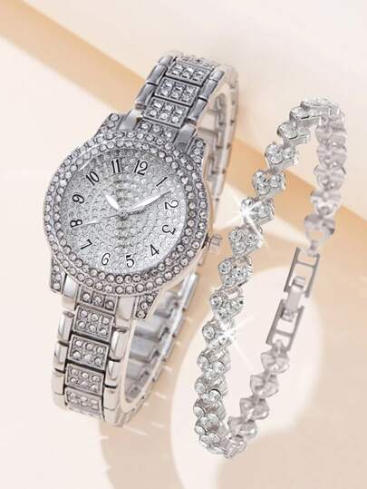 2pcs/Set Women's Fashion Casual Roman Numeral Fully Rhinestone Dial Wristwatch, Paired With Jewelry Accessory Set And Stylish Crystal Bracelet, Suitable For Wedding Ceremony, Business Gifts, Annual Meeting, Employee Gifts, High-End Business Women, Daily Outfit, Birthday Gifts, Holiday Party Gifts, Party, Beach Vacation, Valentine's Day Gifts, Perfect Gift For Women, Family, Friends, Lover, Mother, Students, Teenagers, Girls