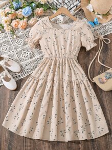 女孩碎花荷葉袖洋裝 - 淺粉色 - 查看 1