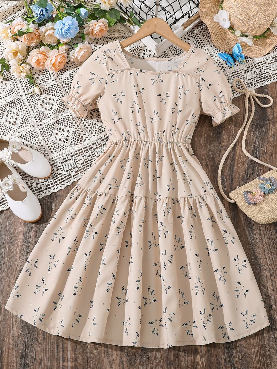 女孩碎花荷葉袖洋裝 - 淺粉色 - 查看 1