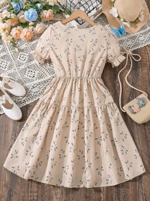 女孩碎花荷葉袖洋裝 - 淺粉色 - 查看 2