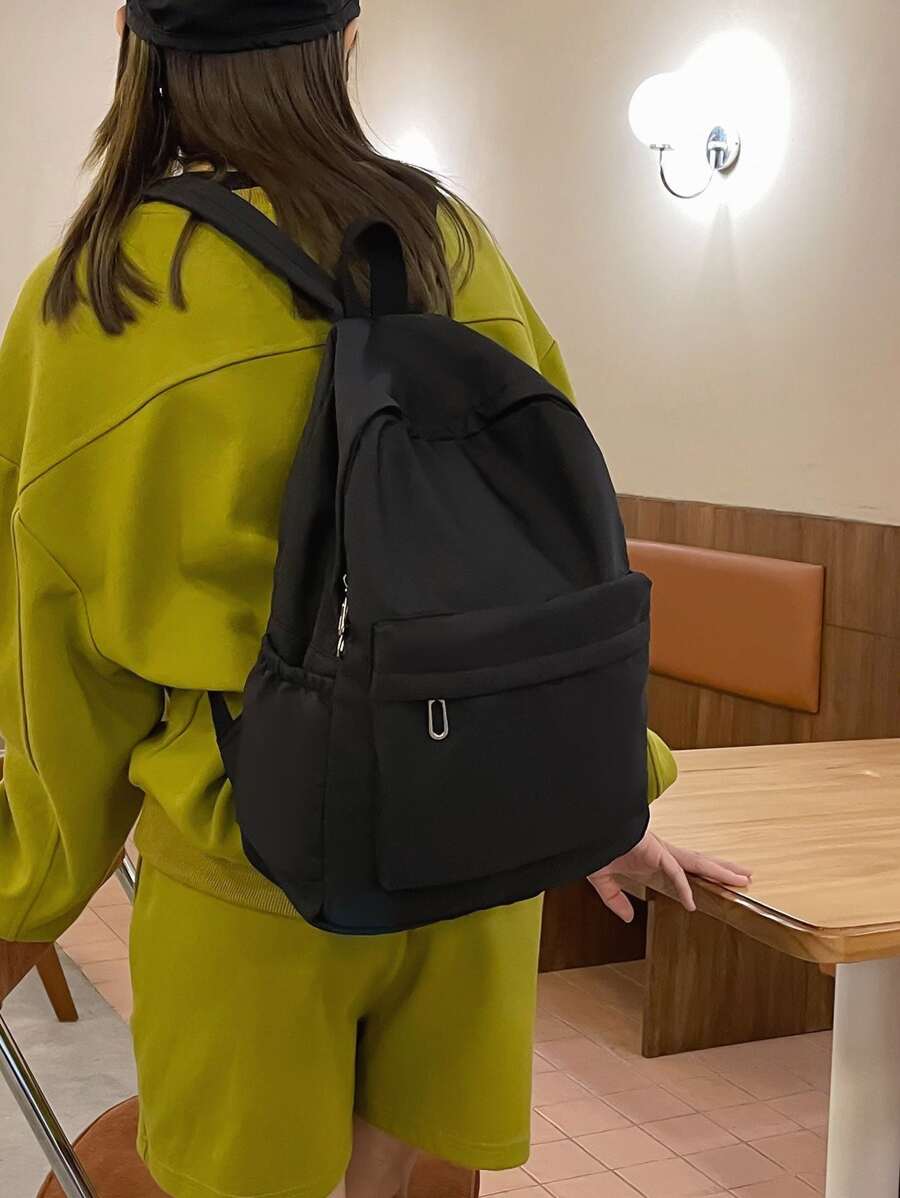 Zainetto in nylon tinta unita da donna, borsa casual scolastica pieghevole di grande capacità adatta per attività all'aperto, trekking, viaggio - nero - Visualizzare 1