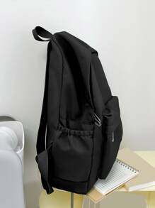 Zainetto in nylon tinta unita da donna, borsa casual scolastica pieghevole di grande capacità adatta per attività all'aperto, trekking, viaggio - nero - Visualizzare 2