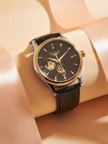 LONGLUX Men Rhinestone Decor Round Pointer Mechanical Watch - Black - View 1