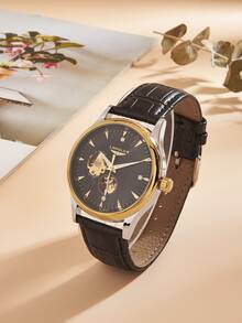 LONGLUX Men Rhinestone Decor Round Pointer Mechanical Watch - Black - View 2