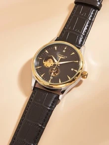 LONGLUX Men Rhinestone Decor Round Pointer Mechanical Watch - Black - View 3