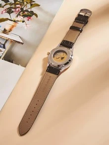 LONGLUX Men Rhinestone Decor Round Pointer Mechanical Watch - Black - View 4