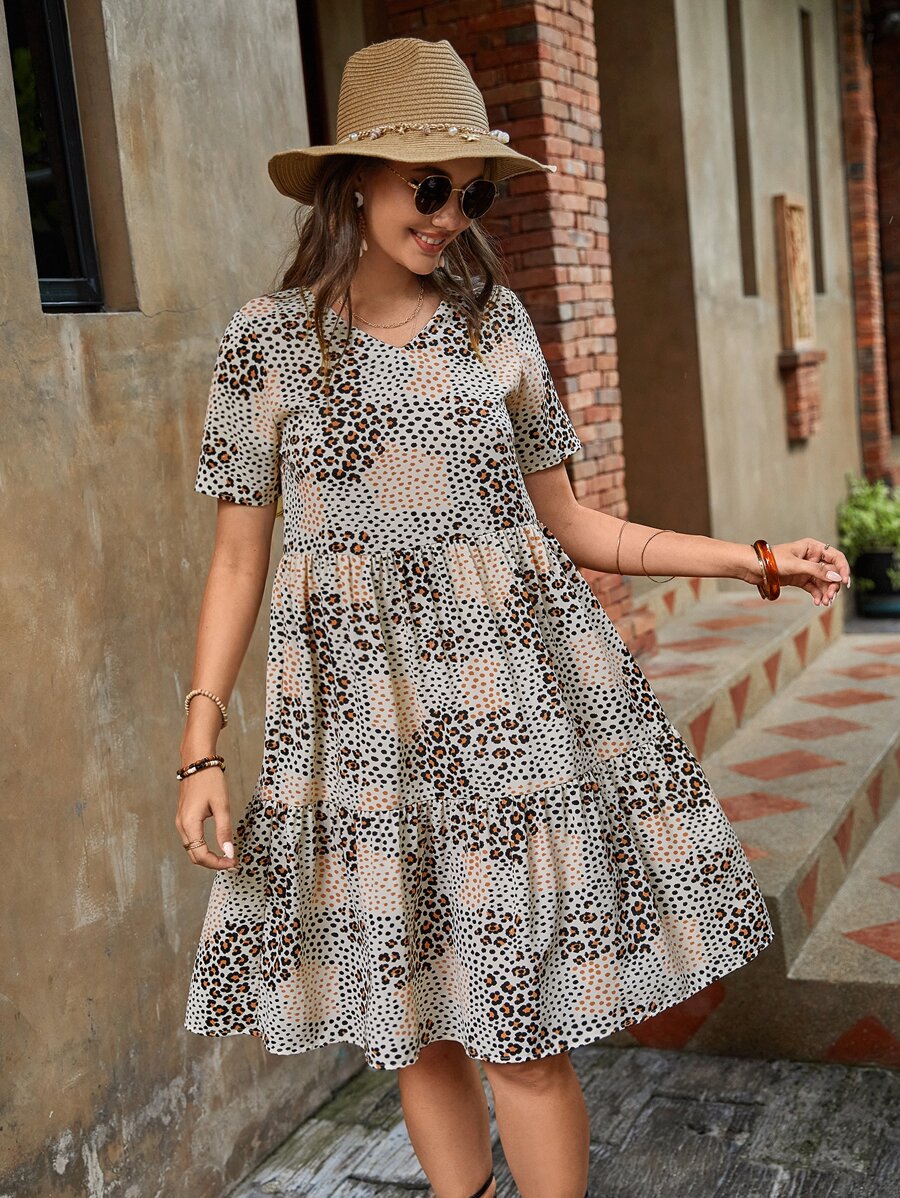 EMERY ROSE 豹紋印花荷葉邊娃娃裙 - 彩色 - 查看 1