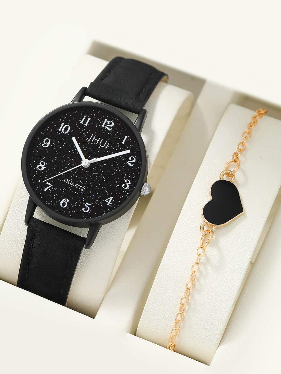 Jhui Jhui 1 Set: 1 pieza Reloj minimalista de moda para mujer y 1 pieza Pulsera de rama de árbol - Negro - Ver 1