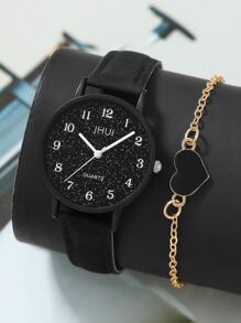 Jhui Jhui 1 Set: 1 pieza Reloj minimalista de moda para mujer y 1 pieza Pulsera de rama de árbol - Negro - Ver 2