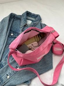 Letter Patch Decor Hobo Bag With Coin Purse Pink Pink , Women Bag With Dime Bag - Pink - View 8