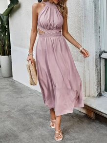 SHEIN VCAY Solid Cut Out Waist Backless Dress - Pink - View 1
