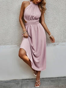 SHEIN VCAY Solid Cut Out Waist Backless Dress - Pink - View 4