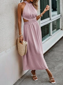 SHEIN VCAY Solid Cut Out Waist Backless Dress - Pink - View 5