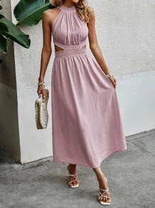 SHEIN VCAY Solid Cut Out Waist Backless Dress - Pink - View 6