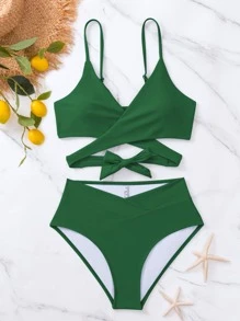 Swim Vcay Summer Beach Solid Bikini Set Crisscross Tie Back Bra & Overlap High Waisted Bottom 2 Piece Bathing Suit - Dark Green - View 4