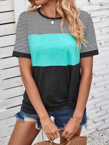 SHEIN LUNE Camiseta con estampado de rayas de color combinado bajo girante - Multicolor - Ver 4