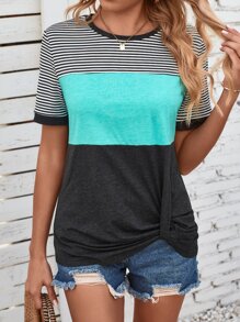 SHEIN LUNE Camiseta con estampado de rayas de color combinado bajo girante - Multicolor - Ver 1
