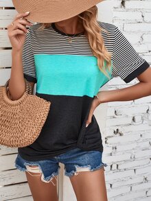 SHEIN LUNE Camiseta con estampado de rayas de color combinado bajo girante - Multicolor - Ver 6