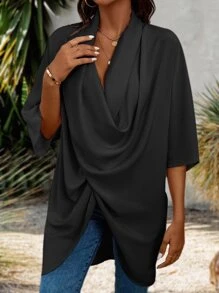 SHEIN LUNE Draped Collar Batwing Sleeve Asymmetrical Hem Blouse - Black - View 3