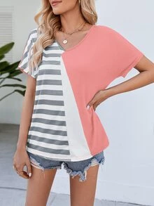 SHEIN LUNE Striped Print Batwing Sleeve Tee - Multicolor - View 3