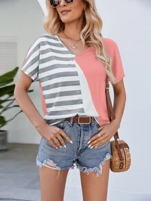 SHEIN LUNE Striped Print Batwing Sleeve Tee - Multicolor - View 6